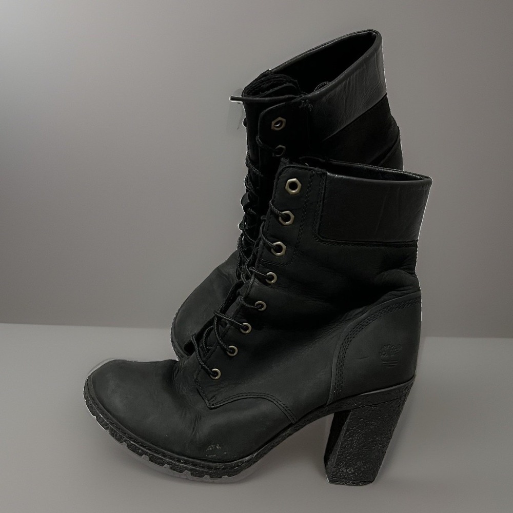 Timberland Glancy Earthkeepers Womens Black Lace-Up Block Heeled Boots Size 7.5